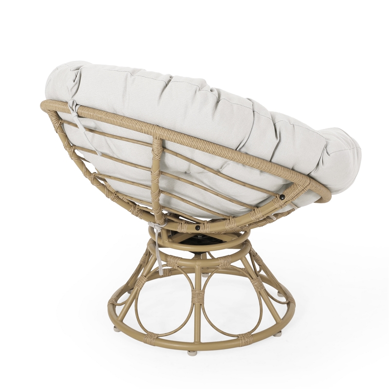 Leos Swivel Outdoor Chair- Soft Gray Polyester Cushion- Brown Rattan