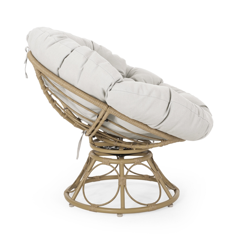 Leos Swivel Outdoor Chair- Soft Gray Polyester Cushion- Brown Rattan