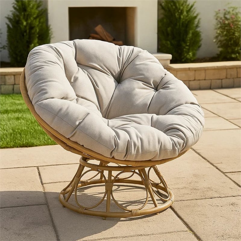 Leos Swivel Outdoor Chair- Soft Gray Polyester Cushion- Brown Rattan