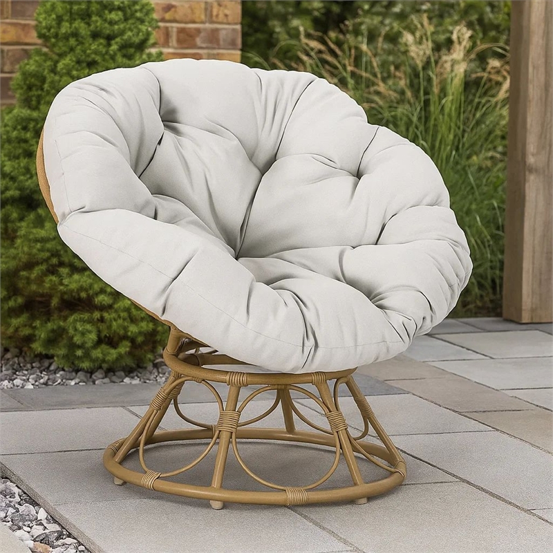 Leos Swivel Outdoor Chair- Soft Gray Polyester Cushion- Brown Rattan