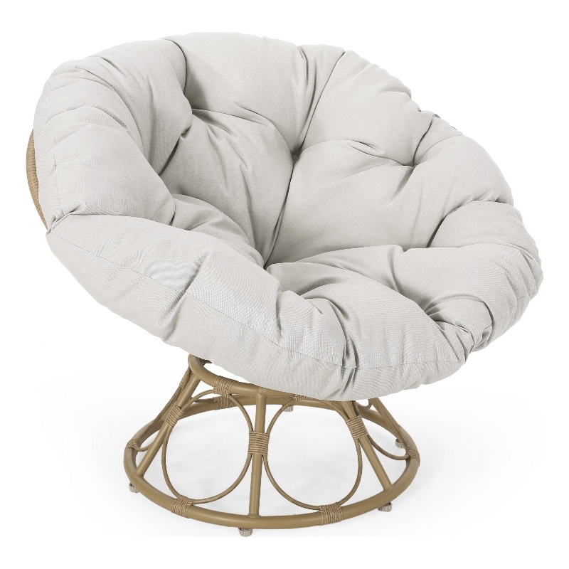 Leos Swivel Outdoor Chair- Soft Gray Polyester Cushion- Brown Rattan