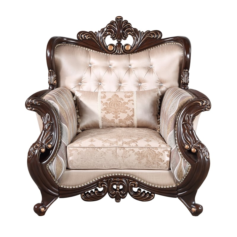 Cona 39 Inch Accent Chair- Gold Carved Details- Brown- Button Tufted Beige