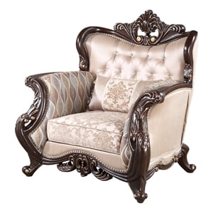 Cona 39 Inch Accent Chair- Gold Carved Details- Brown- Button Tufted Beige