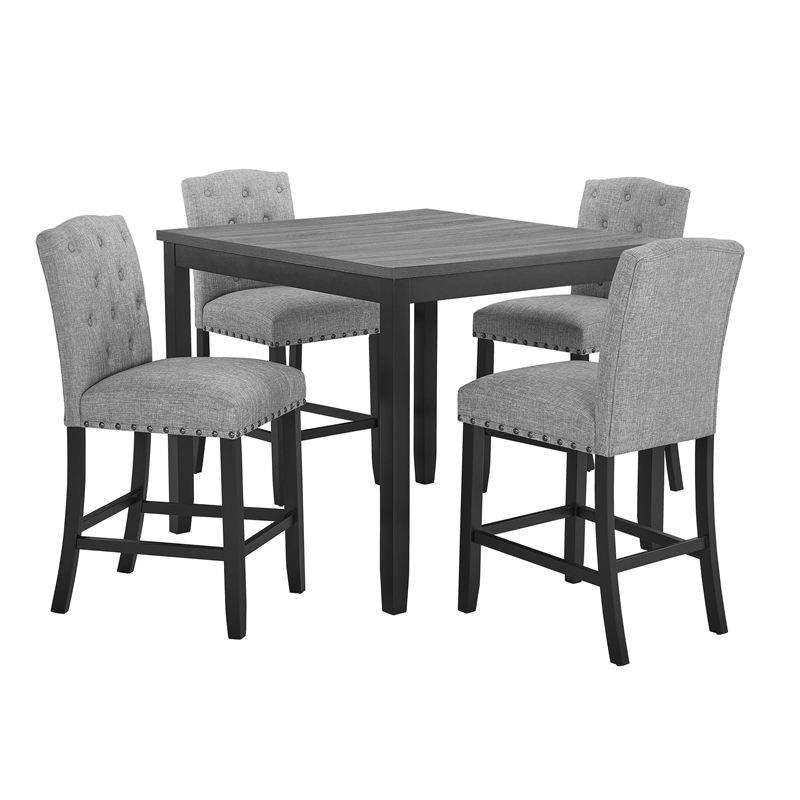 Phy 5pc Counter Table and Chairs Set- Nailheads- Tufted Gray Fabric- Black