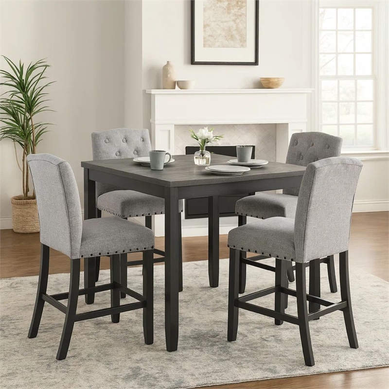 Phy 5pc Counter Table and Chairs Set- Nailheads- Tufted Gray Fabric- Black