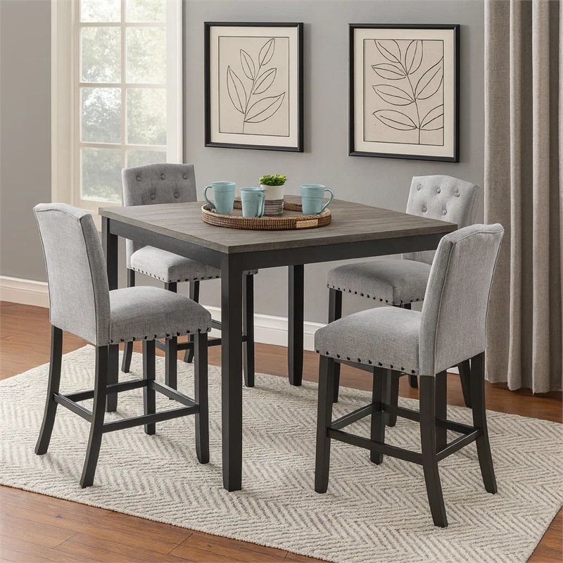 Phy 5pc Counter Table and Chairs Set- Nailheads- Tufted Gray Fabric- Black