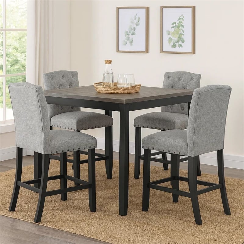 Phy 5pc Counter Table and Chairs Set- Nailheads- Tufted Gray Fabric- Black