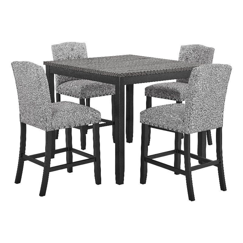 Phy 5pc Counter Table and Chairs Set- Nailheads- Tufted Gray Fabric- Black