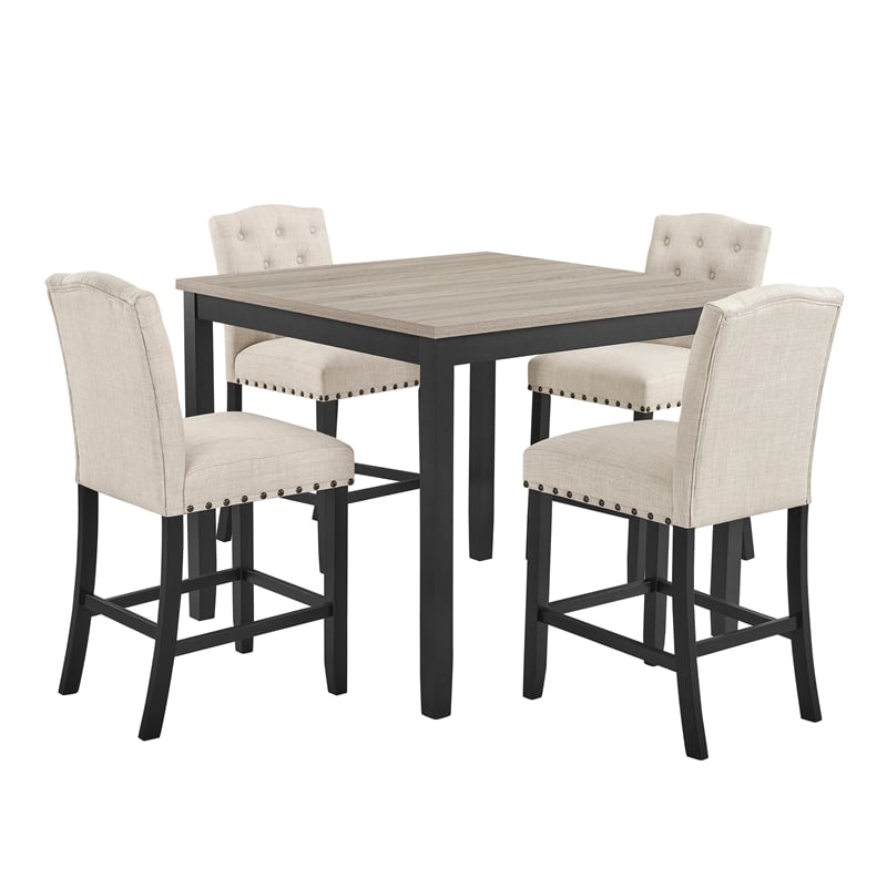 Phy 5pc Counter Table and Chairs Set- Nailheads- Tufted Beige- Brown- Black