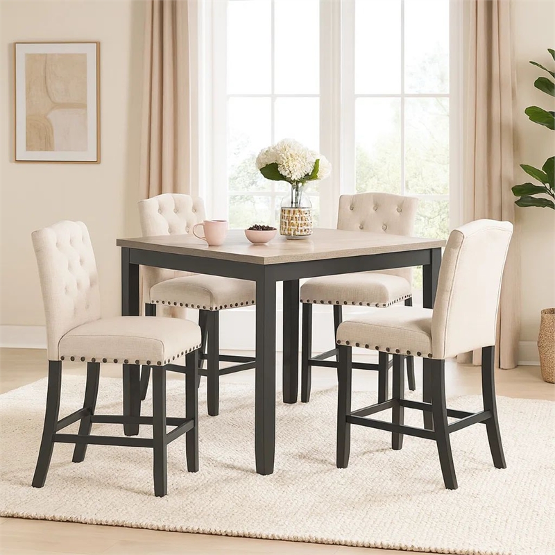 Phy 5pc Counter Table and Chairs Set- Nailheads- Tufted Beige- Brown- Black