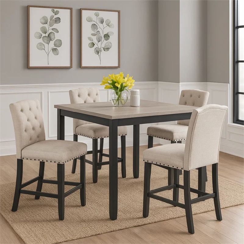Phy 5pc Counter Table and Chairs Set- Nailheads- Tufted Beige- Brown- Black