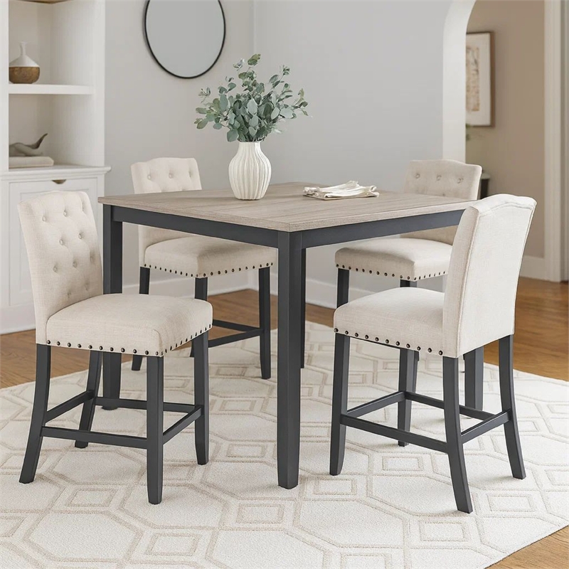 Phy 5pc Counter Table and Chairs Set- Nailheads- Tufted Beige- Brown- Black