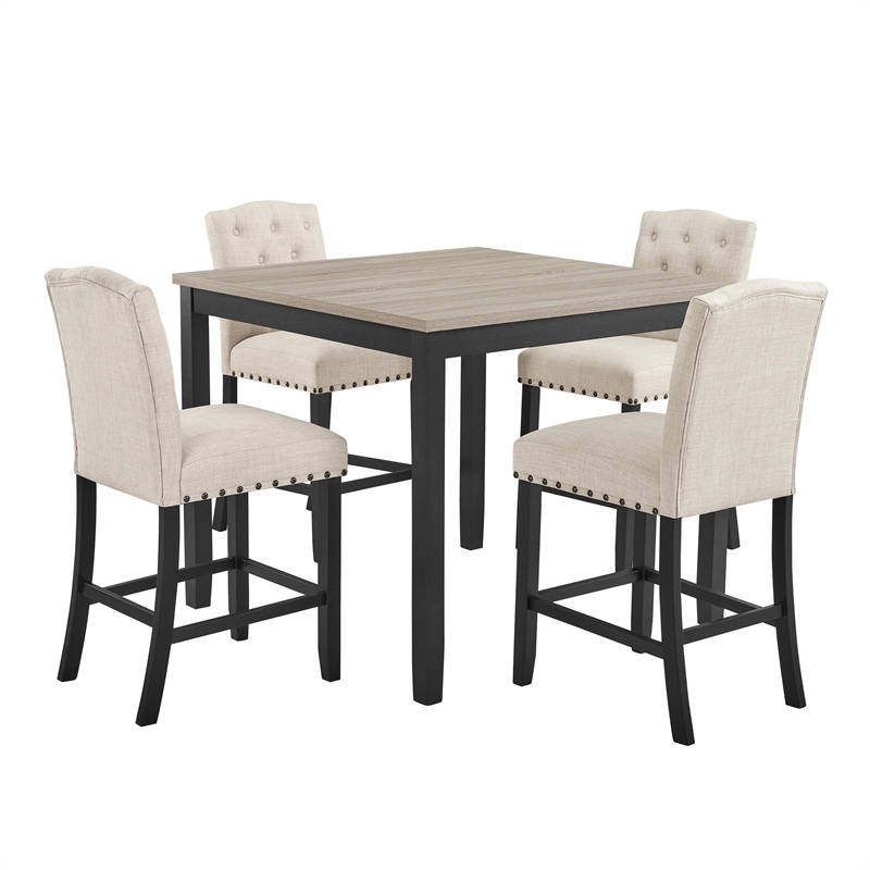 Phy 5pc Counter Table and Chairs Set- Nailheads- Tufted Beige- Brown- Black