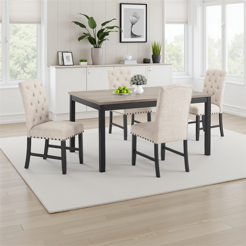 Phy 5pc Dining Table and Chairs Set- Nailheads- Tufted Beige- Brown- Black