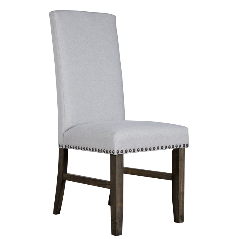 Luo 19 Inch Dining Chairs Set of 2- Nailhead Trim- Gray Fabric- Brown Wood