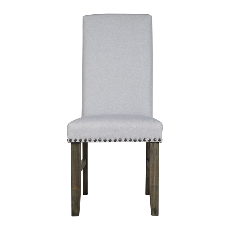 Luo 19 Inch Dining Chairs Set of 2- Nailhead Trim- Gray Fabric- Brown Wood