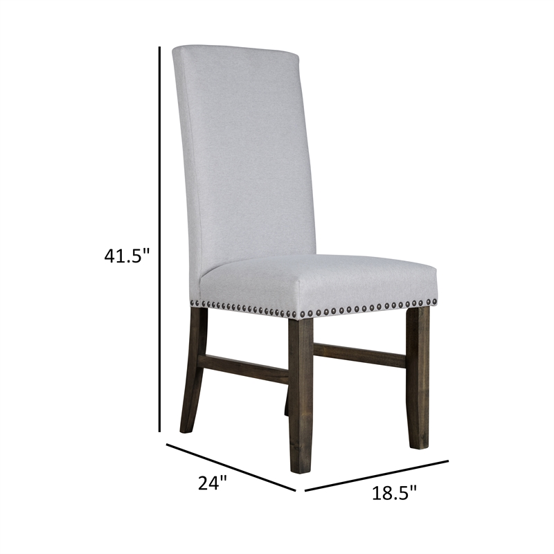 Luo 19 Inch Dining Chairs Set of 2- Nailhead Trim- Gray Fabric- Brown Wood