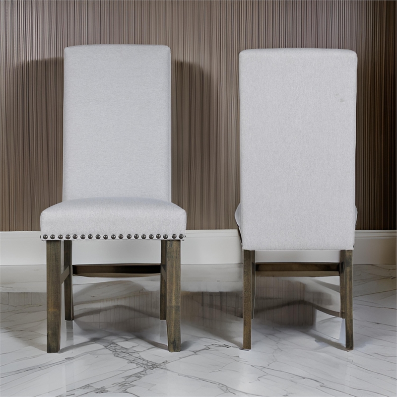 Luo 19 Inch Dining Chairs Set of 2- Nailhead Trim- Gray Fabric- Brown Wood