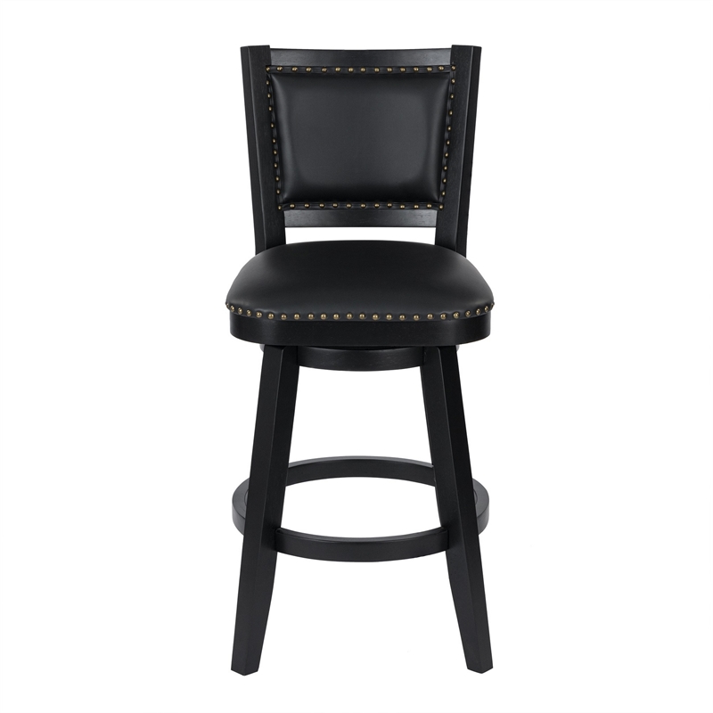 Kera Swivel Barstool Chair- Black Wood- Faux Leather- Nailhead Trim