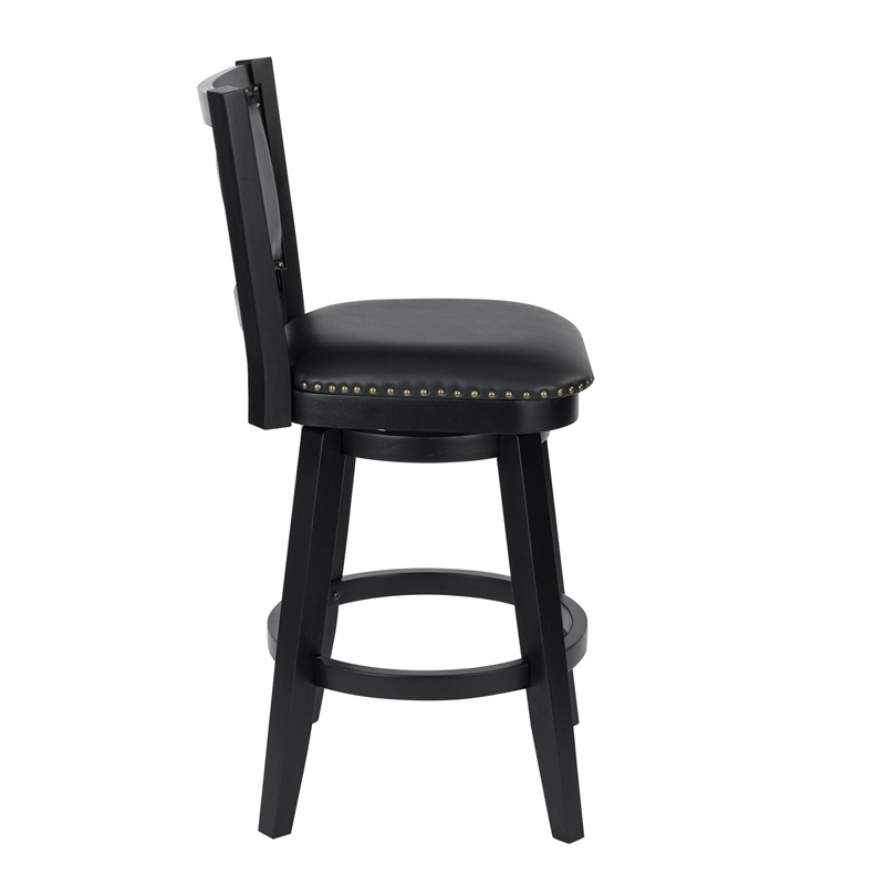 Kera Swivel Barstool Chair- Black Wood- Faux Leather- Nailhead Trim