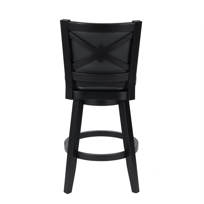 Kera Swivel Barstool Chair- Black Wood- Faux Leather- Nailhead Trim