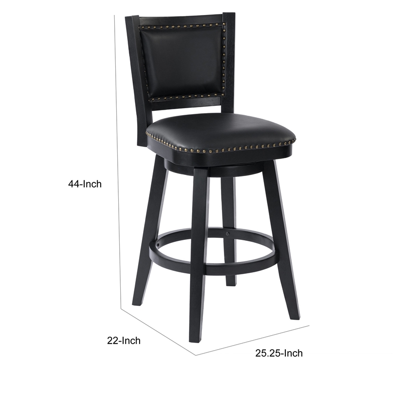 Kera Swivel Barstool Chair- Black Wood- Faux Leather- Nailhead Trim