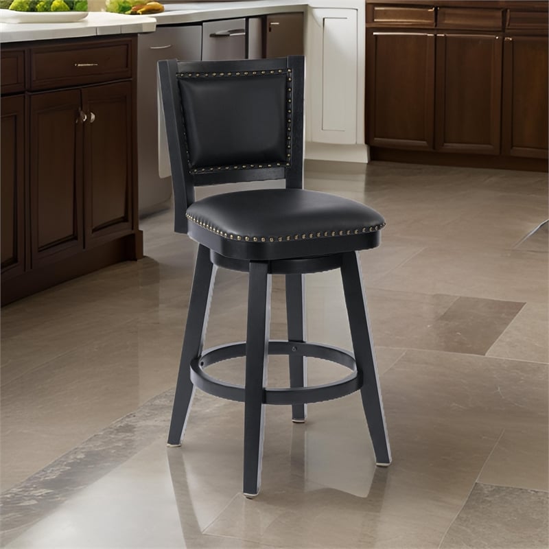 Kera Swivel Barstool Chair- Black Wood- Faux Leather- Nailhead Trim