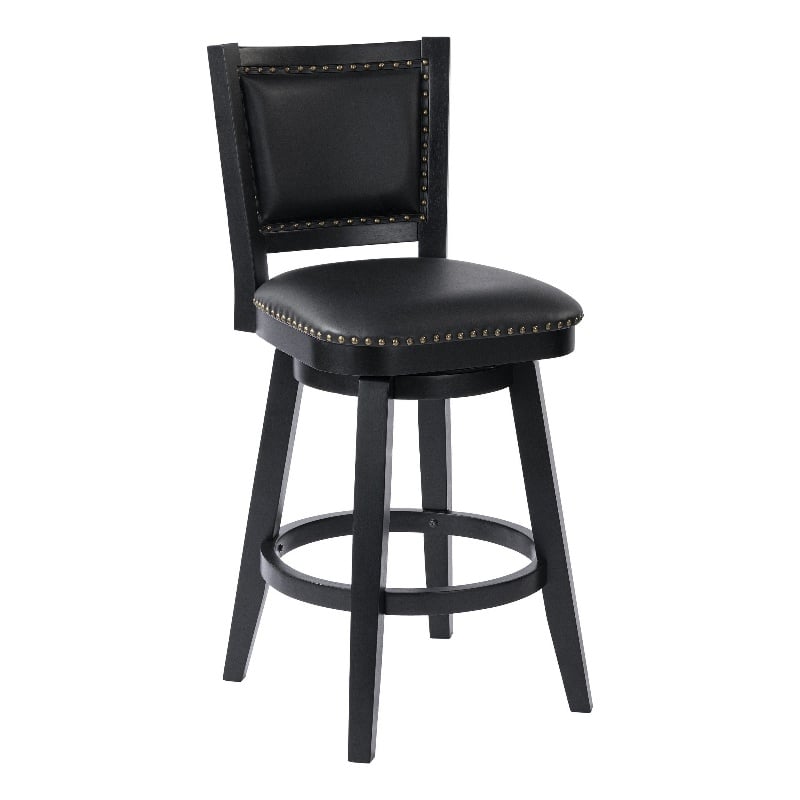 Kera Swivel Barstool Chair- Black Wood- Faux Leather- Nailhead Trim