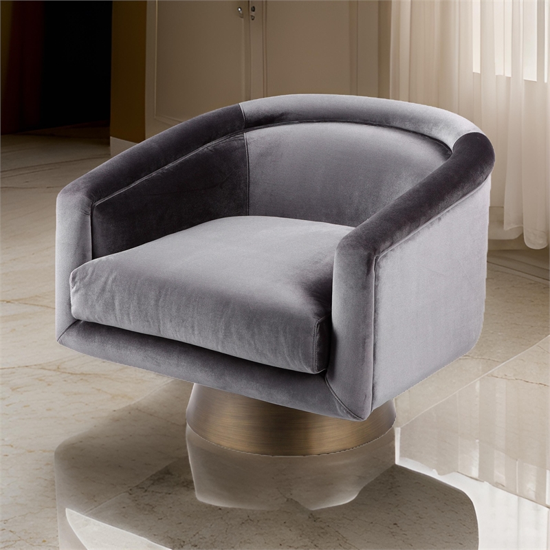 Rxa 33 Inch Swivel Lounge Chair- Barrel Back- Padded Gray Velvet Upholstery