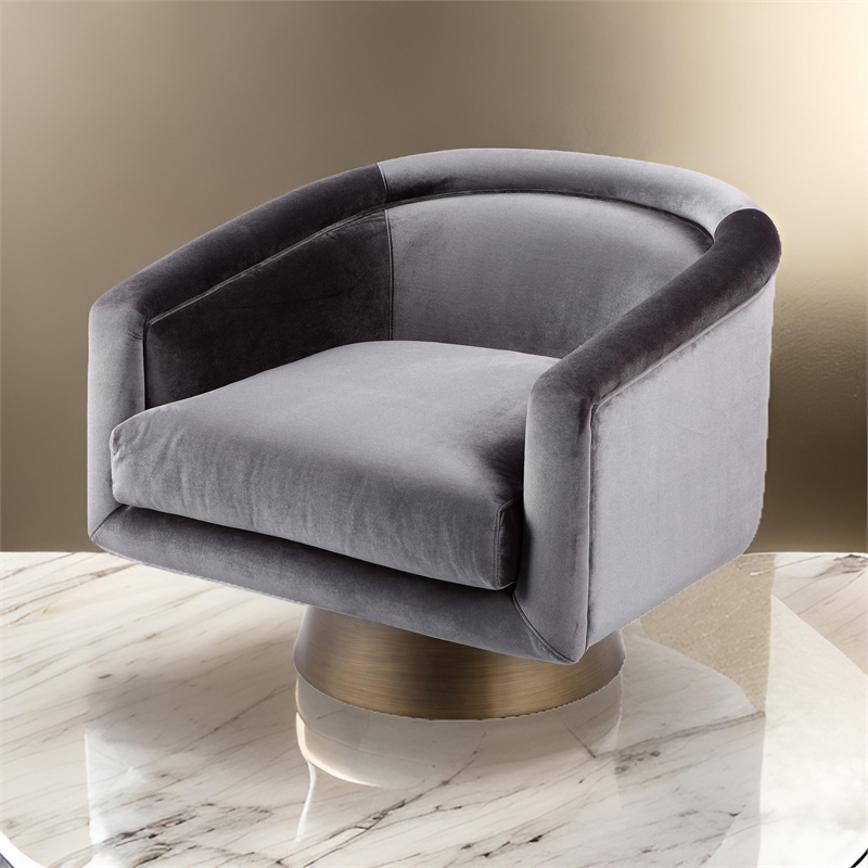Rxa 33 Inch Swivel Lounge Chair- Barrel Back- Padded Gray Velvet Upholstery