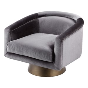 Rxa 33 Inch Swivel Lounge Chair- Barrel Back- Padded Gray Velvet Upholstery