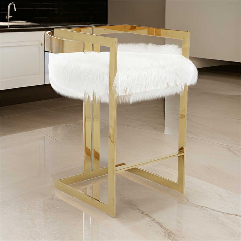 Suki 30 Inch Barstool Chair- White Faux Fur Seat- Stainless Steel- Gold