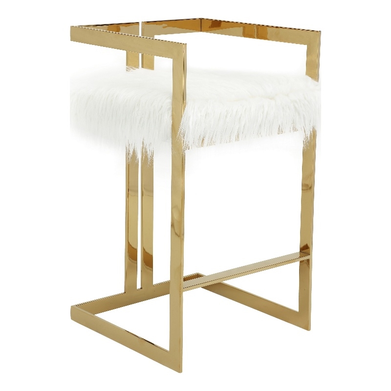 Suki 30 Inch Barstool Chair- White Faux Fur Seat- Stainless Steel- Gold