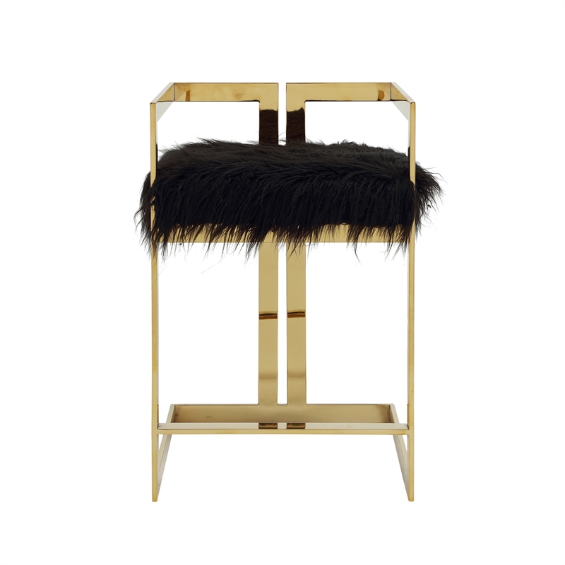 Suki 26 Inch Barstool Chair- Black Faux Fur Seat- Stainless Steel- Gold