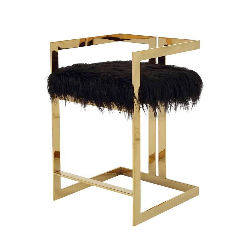 Suki 26 Inch Barstool Chair- Black Faux Fur Seat- Stainless Steel- Gold