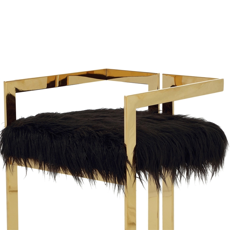 Suki 26 Inch Barstool Chair- Black Faux Fur Seat- Stainless Steel- Gold