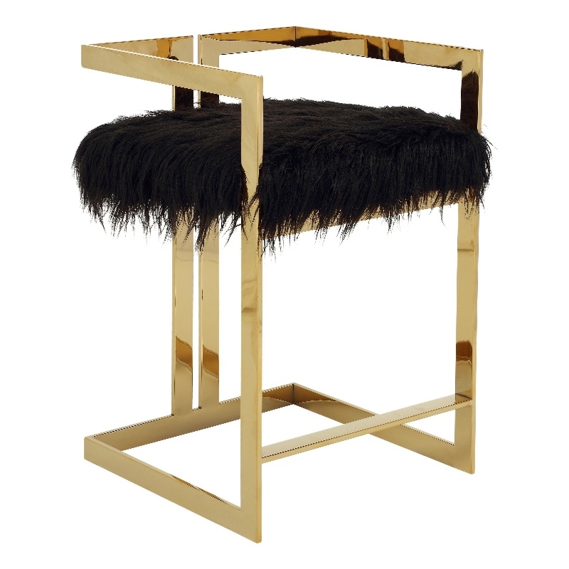 Suki 26 Inch Barstool Chair- Black Faux Fur Seat- Stainless Steel- Gold