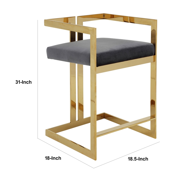 Suki 26 Inch Barstool Chair- Gray Velvet Seat- Stainless Steel- Gold Finish
