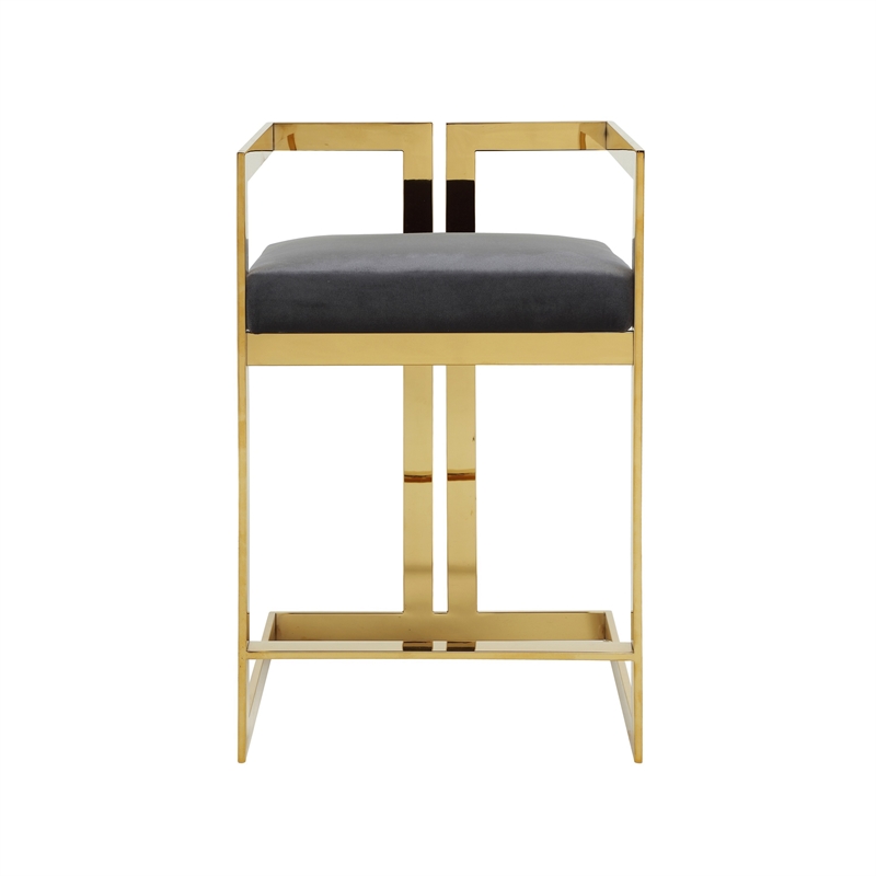 Suki 26 Inch Barstool Chair- Gray Velvet Seat- Stainless Steel- Gold Finish