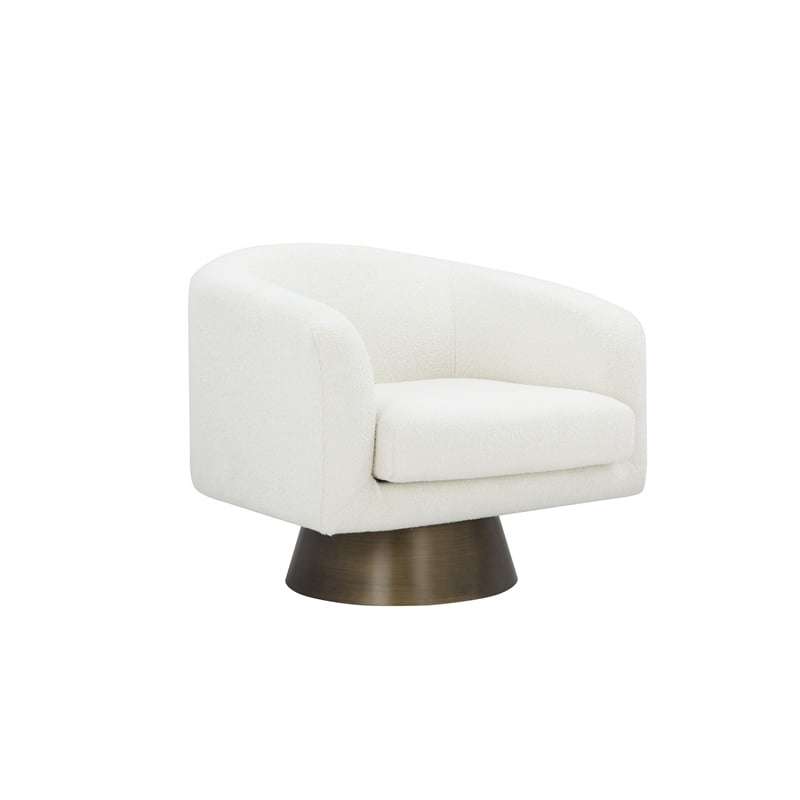 Tola 33 Inch Lounge Chair- Round Frame- White Boucle Fabric- Brass Base