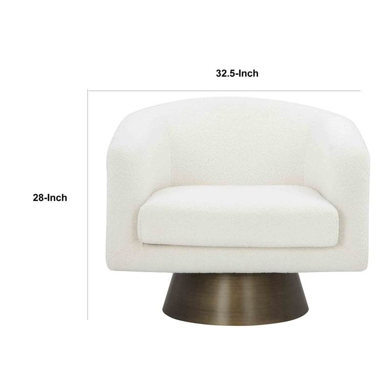 Tola 33 Inch Lounge Chair- Round Frame- White Boucle Fabric- Brass Base