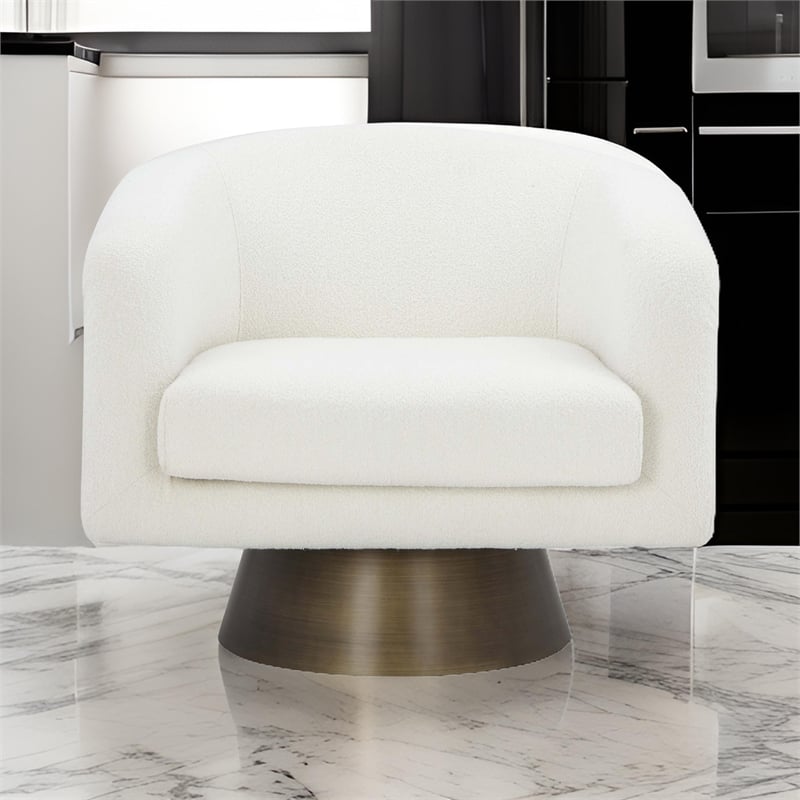 Tola 33 Inch Lounge Chair- Round Frame- White Boucle Fabric- Brass Base