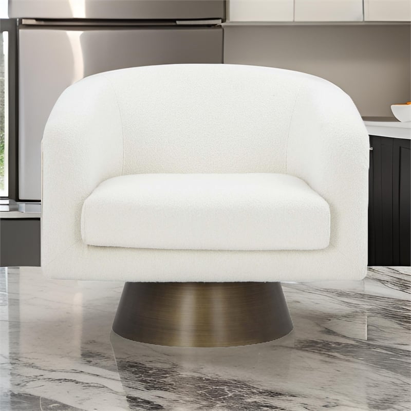 Tola 33 Inch Lounge Chair- Round Frame- White Boucle Fabric- Brass Base