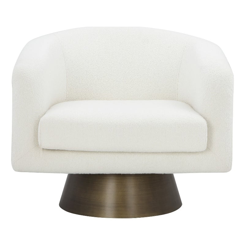 Tola 33 Inch Lounge Chair- Round Frame- White Boucle Fabric- Brass Base