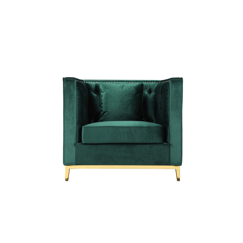 Vien 36 Inch Accent Chair- Green Tufted Velvet- Gold Polished Steel Legs