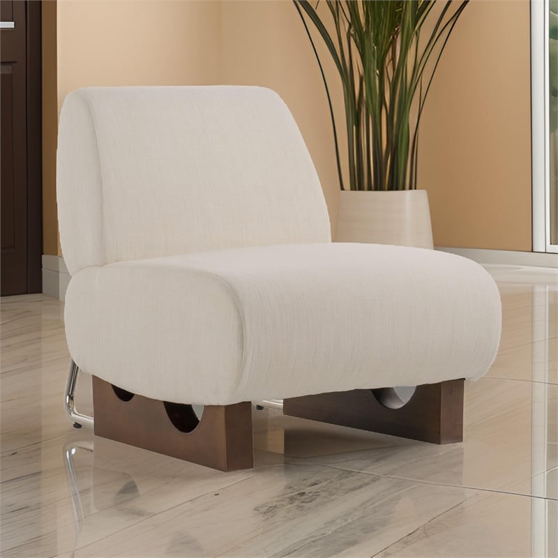 Cid Bob 29 Inch Accent Chair- Off White Fabric- Curved Back- Brown Wood