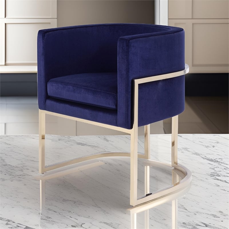 Naaz 24 Inch Kids Chair- Round- Blue Cushioned Velvet- Cantilever Gold Base