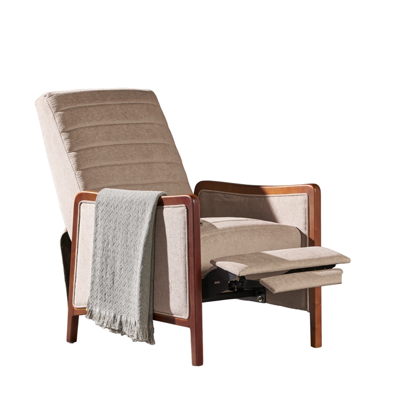 Ryka Pushback Manual Recliner Chair- Channel Stitch Beige- Birch Wood
