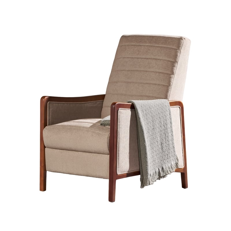 Ryka Pushback Manual Recliner Chair- Channel Stitch Beige- Birch Wood