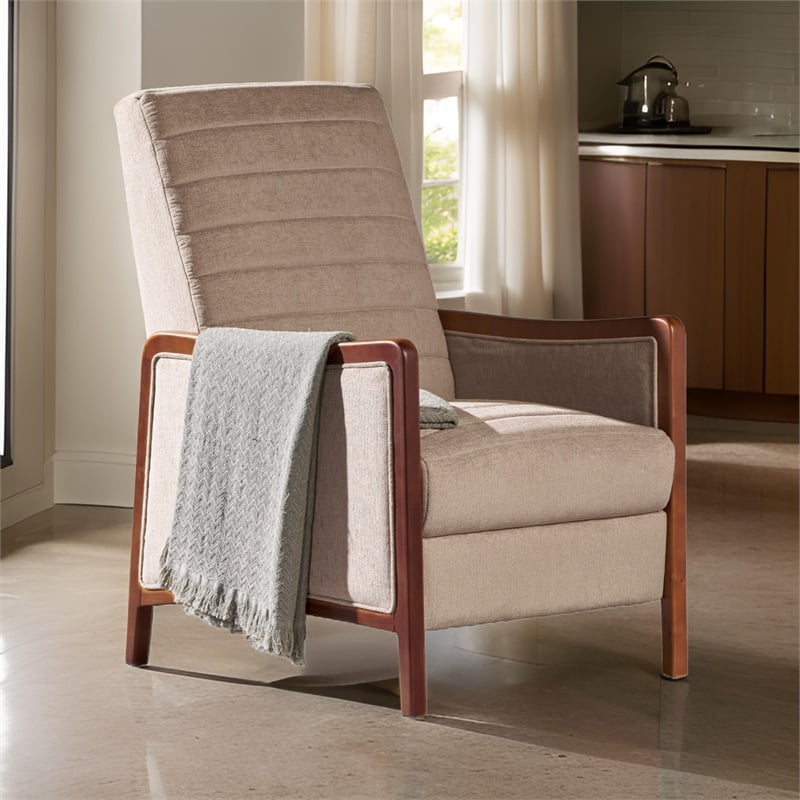 Ryka Pushback Manual Recliner Chair- Channel Stitch Beige- Birch Wood
